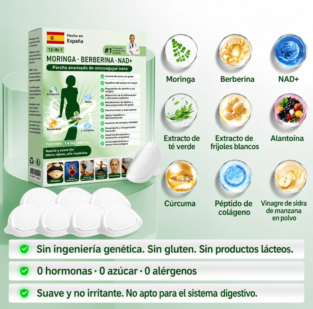 Parche avanzado de microagujas Glorenda® con moringa, berberina y NAD+ 10 en 1 Nano 🇪🇸