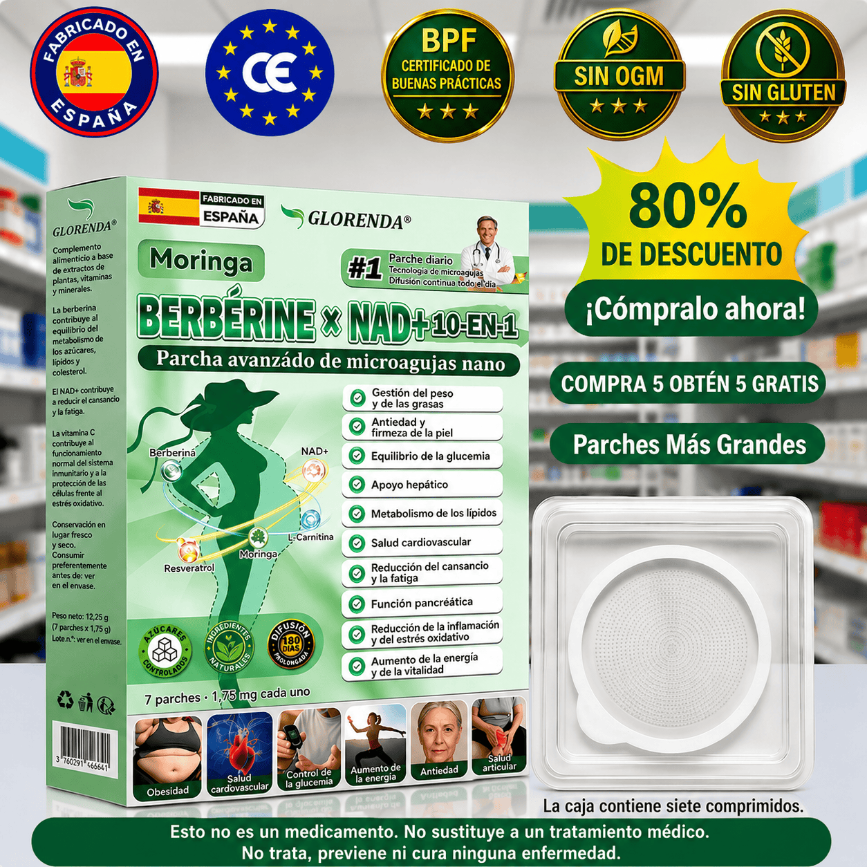 Parche avanzado de microagujas Glorenda® con moringa, berberina y NAD+ 10 en 1 Nano 🇪🇸